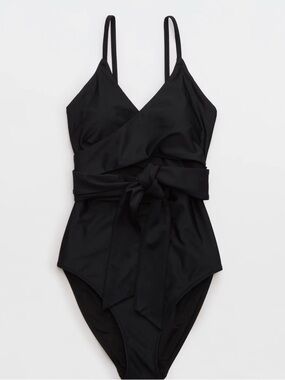 aerie Black Wrap One-Piece Swimsuit with Waist Tie